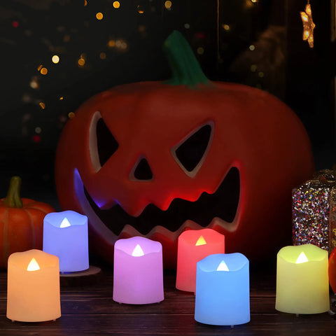 Rechargeable LED Color Changing Tea Lights With Remote USB Charging Flameless Votive Candles 12 Pack in Halloween setting
