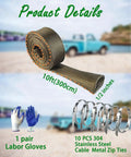 Heavy Duty Heat Shield Sleeve For Spark Plug Wires, Half Inch ID, Ten Feet, Titanium Fiberglass, 2500F Peak Temp, 1800F Continuous, Automotive Wire Loom Protector, With Ten Stainless Zip Ties And Gloves Kit displayed on beach background with gloves and zip ties