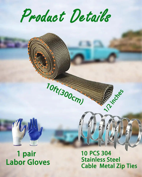 Heavy Duty Heat Shield Sleeve For Spark Plug Wires, Half Inch ID, Ten Feet, Titanium Fiberglass, 2500F Peak Temp, 1800F Continuous, Automotive Wire Loom Protector, With Ten Stainless Zip Ties And Gloves Kit displayed on beach background with gloves and zip ties