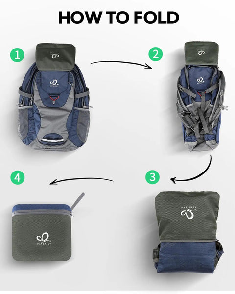 Ultralight 30L Packable Hiking Backpack For Women And Men folding steps sequence to compact size.