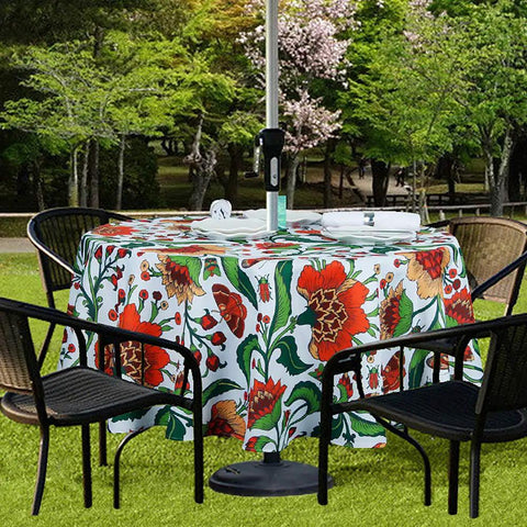 60 Inch Round Waterproof Tablecloth With Umbrella Hole And Zipper For Indoor Outdoor Use covering patio table in garden setting
