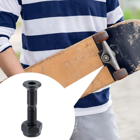 25mm Black Skateboard Hardware Bolt Kit Eight Pack For Longboards, Carbon Steel Screws And Nuts, Heavy Duty Replacement Hardware Set, Easy Install, Durable Outdoor Skateboard Accessories, black skateboard bolt shown with longboard truck