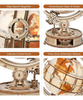 LED Illuminated 3D Wooden Globe Puzzle For Adults With Stand Build Your Own Night Light World Globe Kit 180 Pre-Cut Pieces Educational Decor Gift For Birthday Or Anniversary, close-up wooden globe details