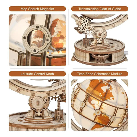 LED Illuminated 3D Wooden Globe Puzzle For Adults With Stand Build Your Own Night Light World Globe Kit 180 Pre-Cut Pieces Educational Decor Gift For Birthday Or Anniversary, close-up wooden globe details