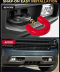 Snap-on red covers installing on Chevy Silverado 1500 tow hooks, 2007-2025, showcasing before and after seamless look.