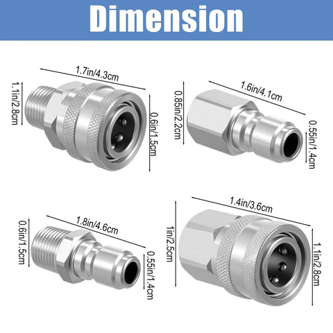 Front view 8-piece stainless steel 3/8 in pressure washer quick-connect fittings kit with male/female NPT adapters
