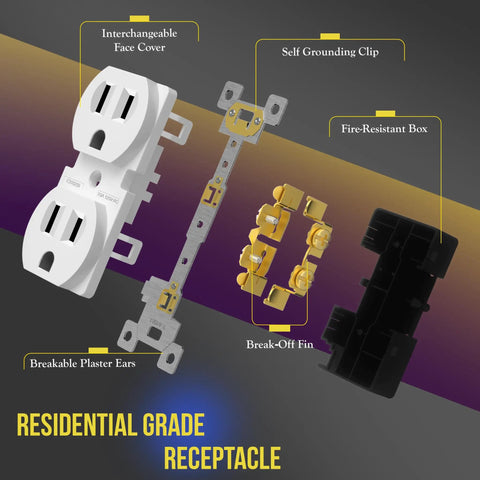 10 Pack Duplex Wall Outlet 15 Amp Electrical Receptacle White Durable Polycarbonate Thermoplastic Body With Impact Resistant Cover Great For Homes Apartments Condos And Commercial Settings In Offices Hotels And Restaurants, exploded view