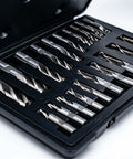 HSS end mill set in plastic case, 20 pcs, 3/16–3/4 in, two- and four-flute, top-down view