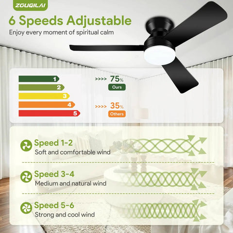 Diagram showing 6-speed settings for 42 Inch Low Profile Ceiling Fan With Lights And Remote Reversible DC Motor Sleek Black Flush Mount