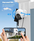 Outdoor 2K Wireless Security Camera With Solar Power mounted on house corner, showing pan tilt rotation with smartphone view.
