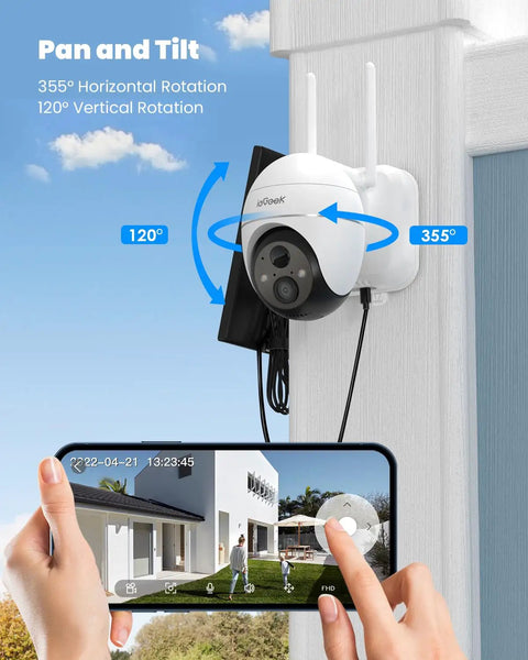 Outdoor 2K Wireless Security Camera With Solar Power mounted on house corner, showing pan tilt rotation with smartphone view.