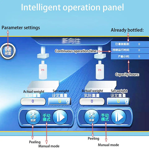 Intelligent operation panel of Ready To Roll Double Head Liquid Filler Machine featuring weight settings and mode options.