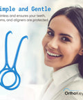 Clear Aligner Removal Tool For Braces Retainers And Dentures Hygienic On The Go Orthodontic Cleaner And Remover Key Portable 2 Pack Blue Dental Grade For Easy Travel And Everyday Use, woman and tool