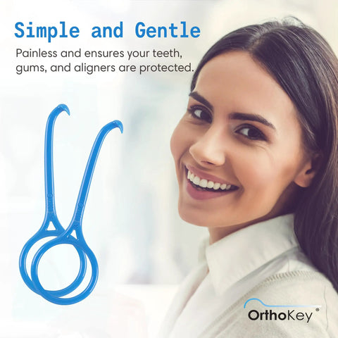 Clear Aligner Removal Tool For Braces Retainers And Dentures Hygienic On The Go Orthodontic Cleaner And Remover Key Portable 2 Pack Blue Dental Grade For Easy Travel And Everyday Use, woman and tool