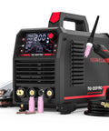 205A TIG Welder With Pulse And Large LED Display, Three In One Stick DC TIG Pulse TIG Welding Machine, Dual Voltage 110V And 220V, Ideal For Steel Aluminum And More TIG-205P, front view with accessories