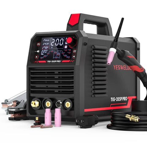 205A TIG Welder With Pulse And Large LED Display, Three In One Stick DC TIG Pulse TIG Welding Machine, Dual Voltage 110V And 220V, Ideal For Steel Aluminum And More TIG-205P, front view with accessories