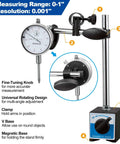 Spurtar dial indicator with magnetic base and adjustable arm on stand, 0-1 inch range, 0.001 inch resolution