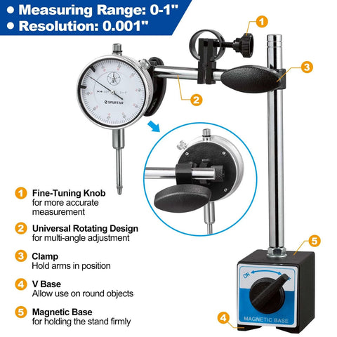 Spurtar dial indicator with magnetic base and adjustable arm on stand, 0-1 inch range, 0.001 inch resolution