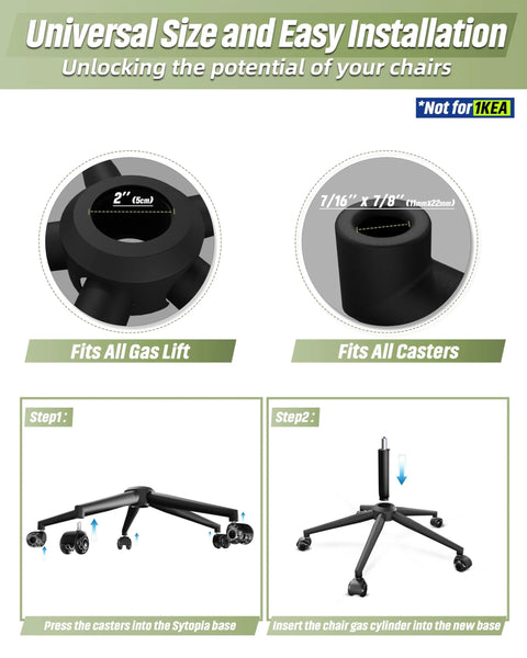 Installation guide for 24 Inch Criss Cross Chair Base Replacement With Rubber Casters, showing gas lift and caster fits, not for IKEA.