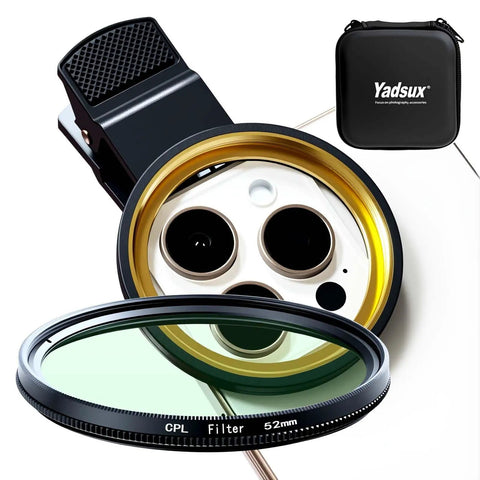 Clip On CPL Phone Filter For iPhone, Samsung, Pixel No Glare Rich Colors Pro Grade Polarization with 52mm lens and case