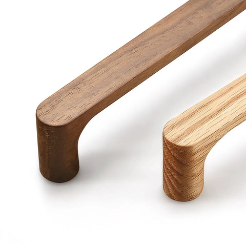 Walnut Round Wooden Drawer Pulls 5 Inch Four Pack for Cabinets and Kitchen Doors, close-up view of natural wood finish