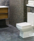 Round White Toilet Seat Featuring Soft Close Slow Closing Lid Universal Replacement Fits Standard Toilets in modern bathroom setting.
