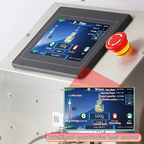 Liquid Filling Machine For Viscous Pastes And Sauces With Digital Metering control panel showing settings and measurements.