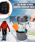 Trail Ready 16 Piece Camping Cookware Set for Backpacking and Picnics with pots, pans, cups, utensils in compact bag