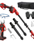 Rugged Electric Pole Pruner And Cordless Shears With Telescoping Rod Quick One Hand Action For Thick Limbs Perfect For Backyard Jobs And No Sweat Trimming with accessories and gloves.