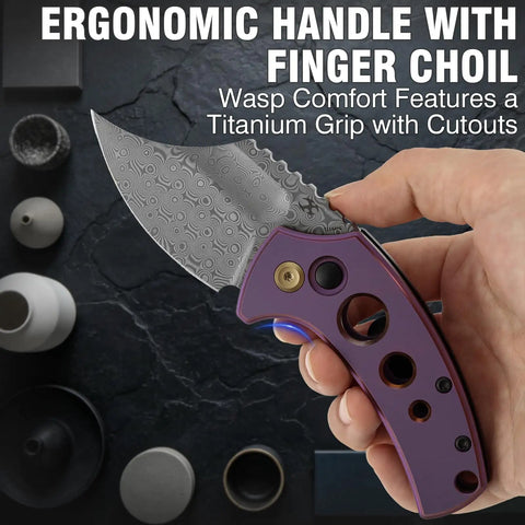 Hand holding Wasp Pocket Folding Knife With 2.36 Inch Modified Wharncliffe Blade, purple anodized titanium handle with holes