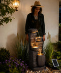 38.2 Inch Solar Powered Outdoor Water Fountain With Four Tier Cascading Bowls And Stacked Stones LED Lights Dual Charging