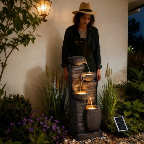 38.2 Inch Solar Powered Outdoor Water Fountain With Four Tier Cascading Bowls And Stacked Stones LED Lights Dual Charging