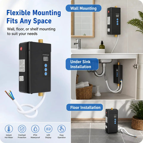 Flexible installation options shown for Premium Tankless Water Heater Pumping Out Kickin Instant Hot Water With Convenient Remote Setup For Kitchen Faucet 3000W.