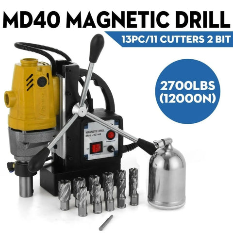1100W Portable Magnetic Drill Press For Metal Fabrication, includes attachments, 2700 lbs magnetic hold, strong steel cutting.