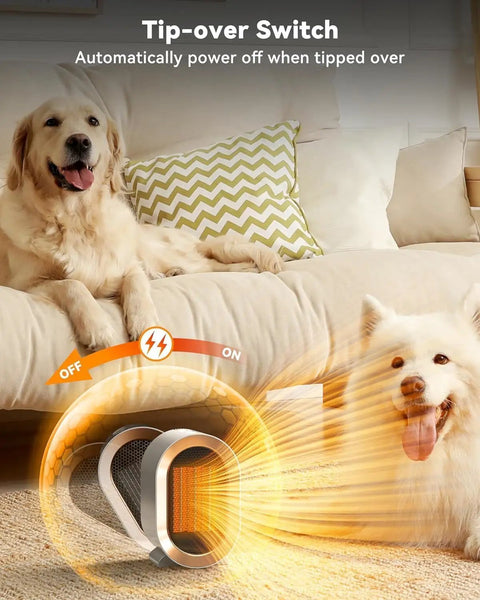 Dogs sitting on a sofa next to the Go To Portable Corded PTC Ceramic Space Heater For Indoor Use With Quiet Desk Heating, illustrating safety features.