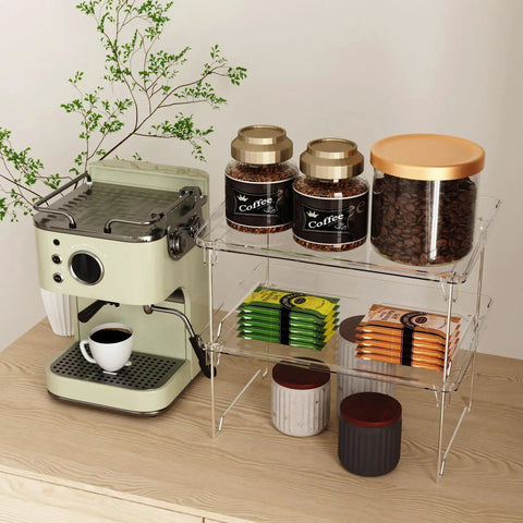 Heavy Duty 2 Pack Stackable Kitchen Counter Spice Rack And Cabinet Organizer Shelf Featuring Clear Plastic Base With Sturdy Stainless Steel Supports For Pantry Bathroom Vanity Organization That Truly Slaps with coffee jars and espresso machine.