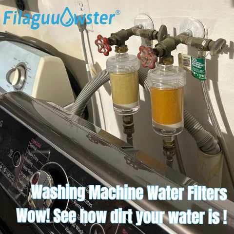 Washer Inline Water Filter With One Micron Carbon And PP Media For Cleaner Clothes Skin And Hair, installed on washing machine