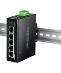 5-Port Industrial Gigabit Ethernet DIN-Rail Switch with 10Gbps Switching Capacity, IP50 rated, mounted on DIN rail