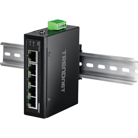 5-Port Industrial Gigabit Ethernet DIN-Rail Switch with 10Gbps Switching Capacity, IP50 rated, mounted on DIN rail