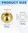Product size details of the 12 Pack M5 Threaded Ball Knobs With Spacers, featuring 12mm ball nuts, gold finish, and spacers.