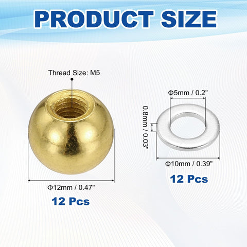 Product size details of the 12 Pack M5 Threaded Ball Knobs With Spacers, featuring 12mm ball nuts, gold finish, and spacers.