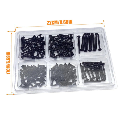 Heavy Duty Black Flat Head Screw Assortment Kit With Killer Grip Thread designed for drywall and wood, packed in clear box.