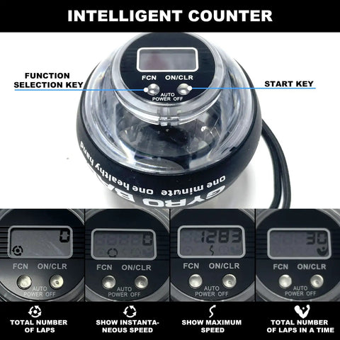 Curaball Hand Exerciser With Gyroscopic Resistance Counter And LED Display Auto Start Wrist Trainer showing counter and display modes