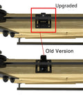 Comparison of upgraded vs old barn door hardware tracks showing 2 Pack Ultra Smooth Soft Close Barn Door Hardware Kit With Spring Buffer Damper Hole Free Track Quiet Close System Adjustable Door Stoppers Fits 60-176 Lbs Doors Durable ABS Construction Upgraded 2022 Design