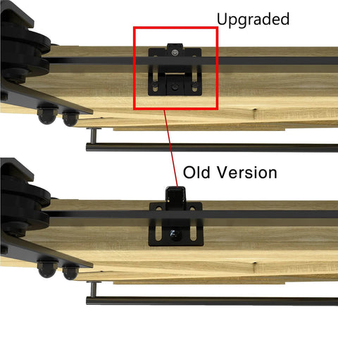 Comparison of upgraded vs old barn door hardware tracks showing 2 Pack Ultra Smooth Soft Close Barn Door Hardware Kit With Spring Buffer Damper Hole Free Track Quiet Close System Adjustable Door Stoppers Fits 60-176 Lbs Doors Durable ABS Construction Upgraded 2022 Design