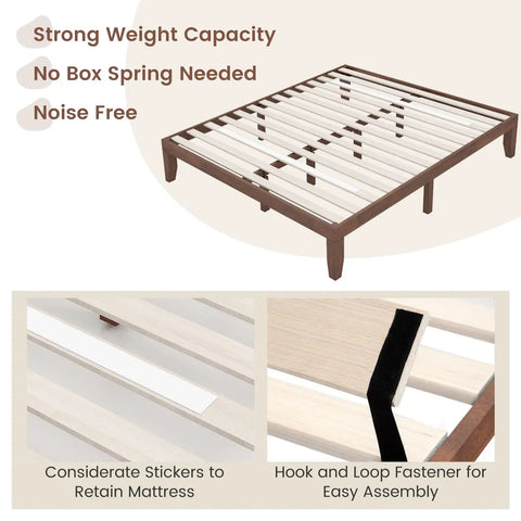Rock Solid King Platform Bed Frame 14 Inch Profile Genuine Rubber Wood Heavy Duty Slat Support Premium Mattress Foundation No Box Spring Needed Hassle Free Setup Dark Walnut slats with stickers and hook for easy assembly.
