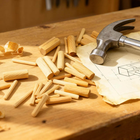 Assorted Wood Dowels Set, Fifty Pcs, Hardwood Dowels In Three Sixteenth Inch, Quarter Inch, with hammer and blueprint on workbench.