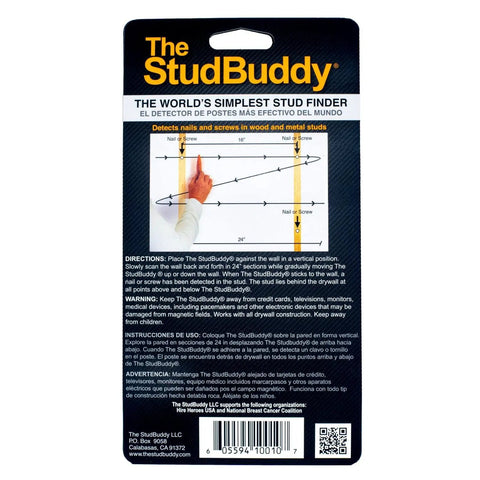 Back of packaging showing Magnetic Stud Finder Thats Easy To Use No Batteries Made In The USA Powerful Magnet Locates Drywall Studs Fast For DIY And Pros Great For Wood Framing And Home Projects No Fuss Quick Prep Tool