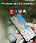 Hand holding phone displaying Route Nav GPS Bike Computer With 2.4 Inch Screen, Wireless Bluetooth ANT Plus, IPX7 Waterproof.