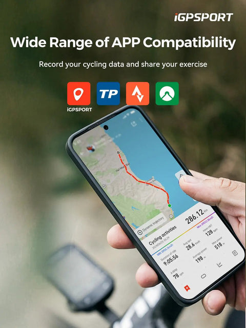 Hand holding phone displaying Route Nav GPS Bike Computer With 2.4 Inch Screen, Wireless Bluetooth ANT Plus, IPX7 Waterproof.